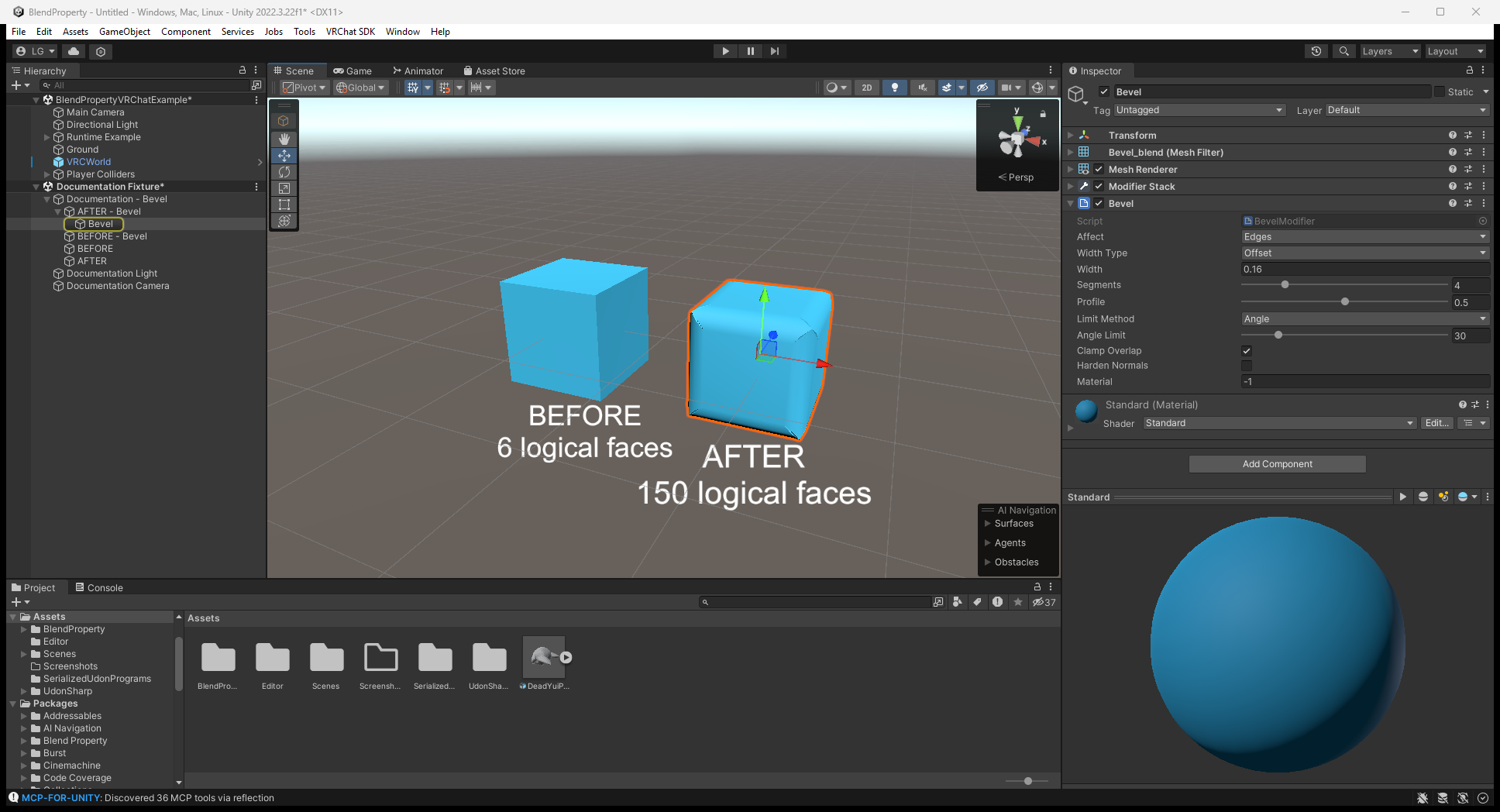 Bevel Inspector with Width 0.16 and Segments 4 beside the source and rounded cubes