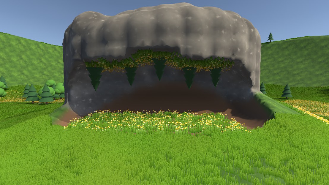 Trees hanging from a cave ceiling, with flowers on the ceiling and the cave floor