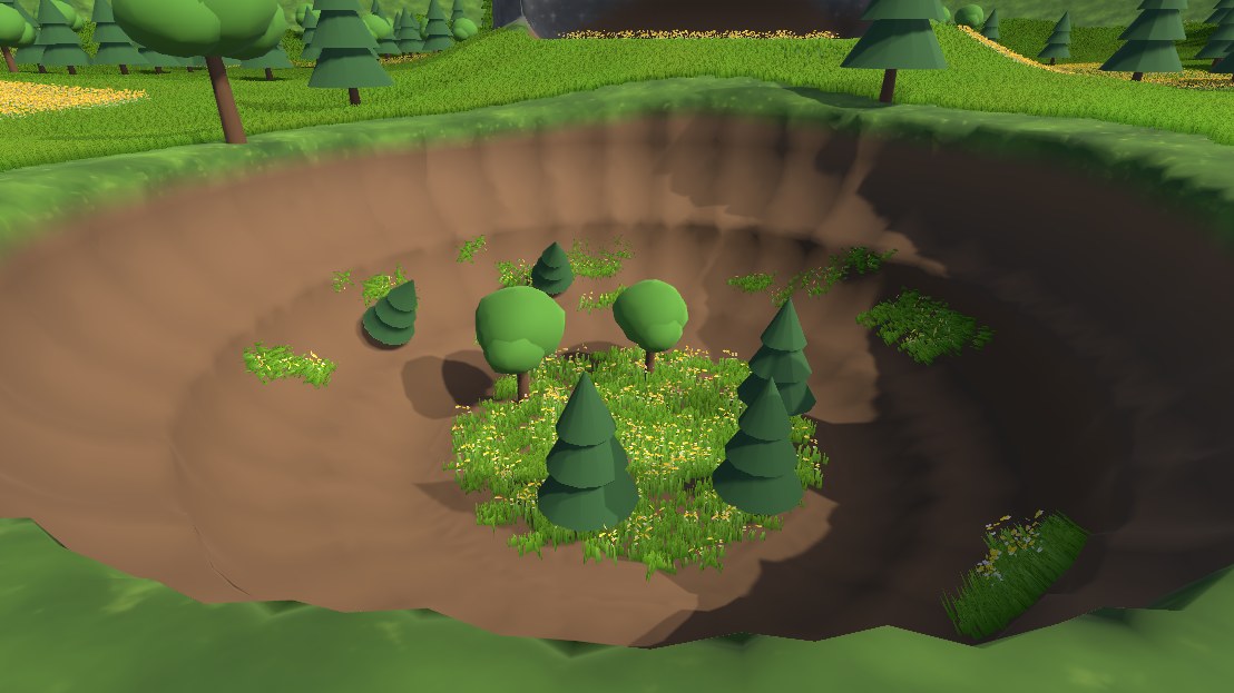Trees and grass painted on the floor and walls of a dug pit