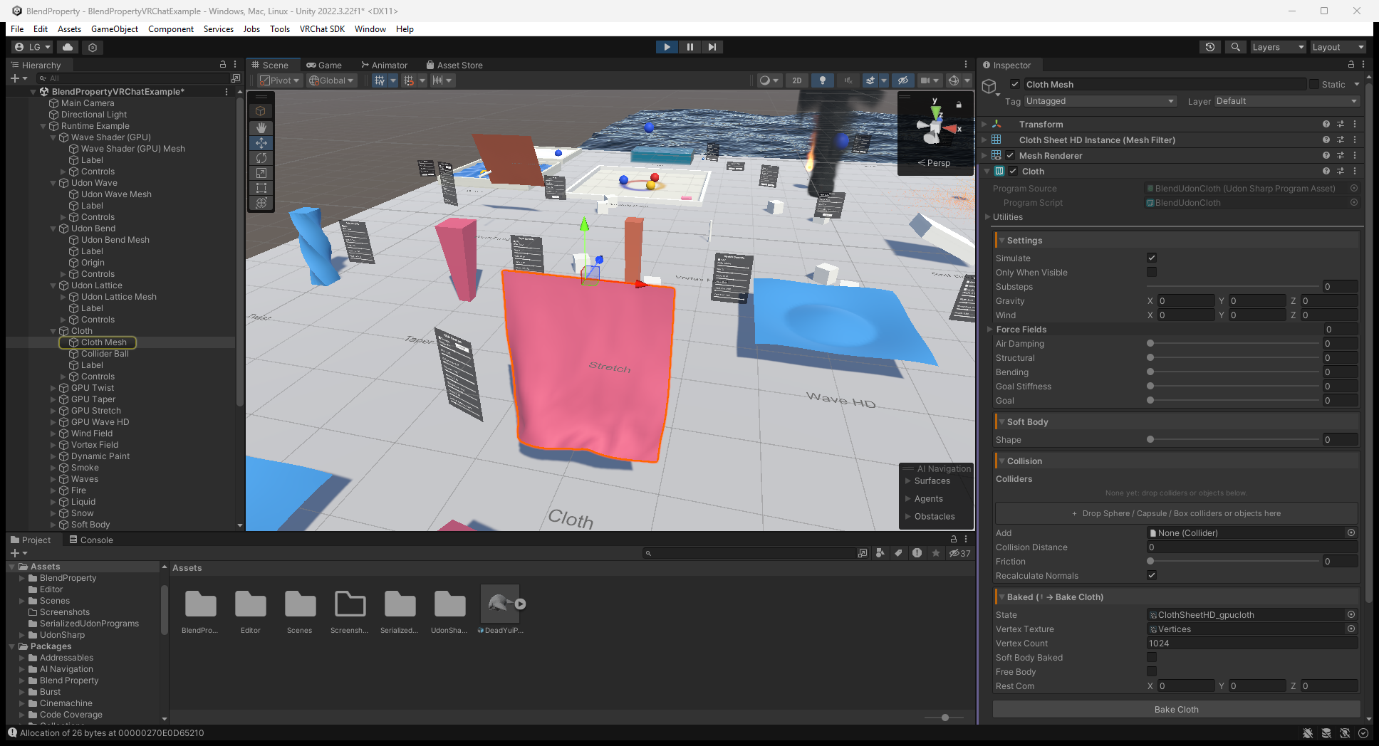 Pink cloth surface in the VRChat example during local Unity ClientSim Play Mode
