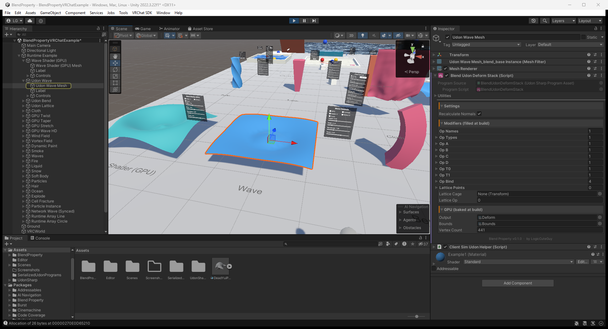 Local ClientSim Play Mode showing the converted Blend Udon Deform Stack and a deformed blue plane