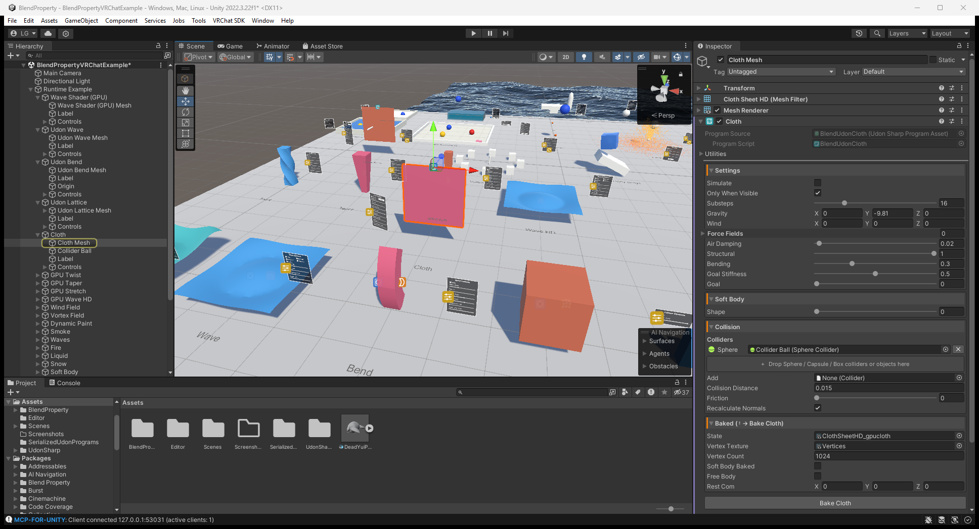 Editor Cloth Inspector showing gravity Goal a sphere collider baked state and the Bake Cloth button