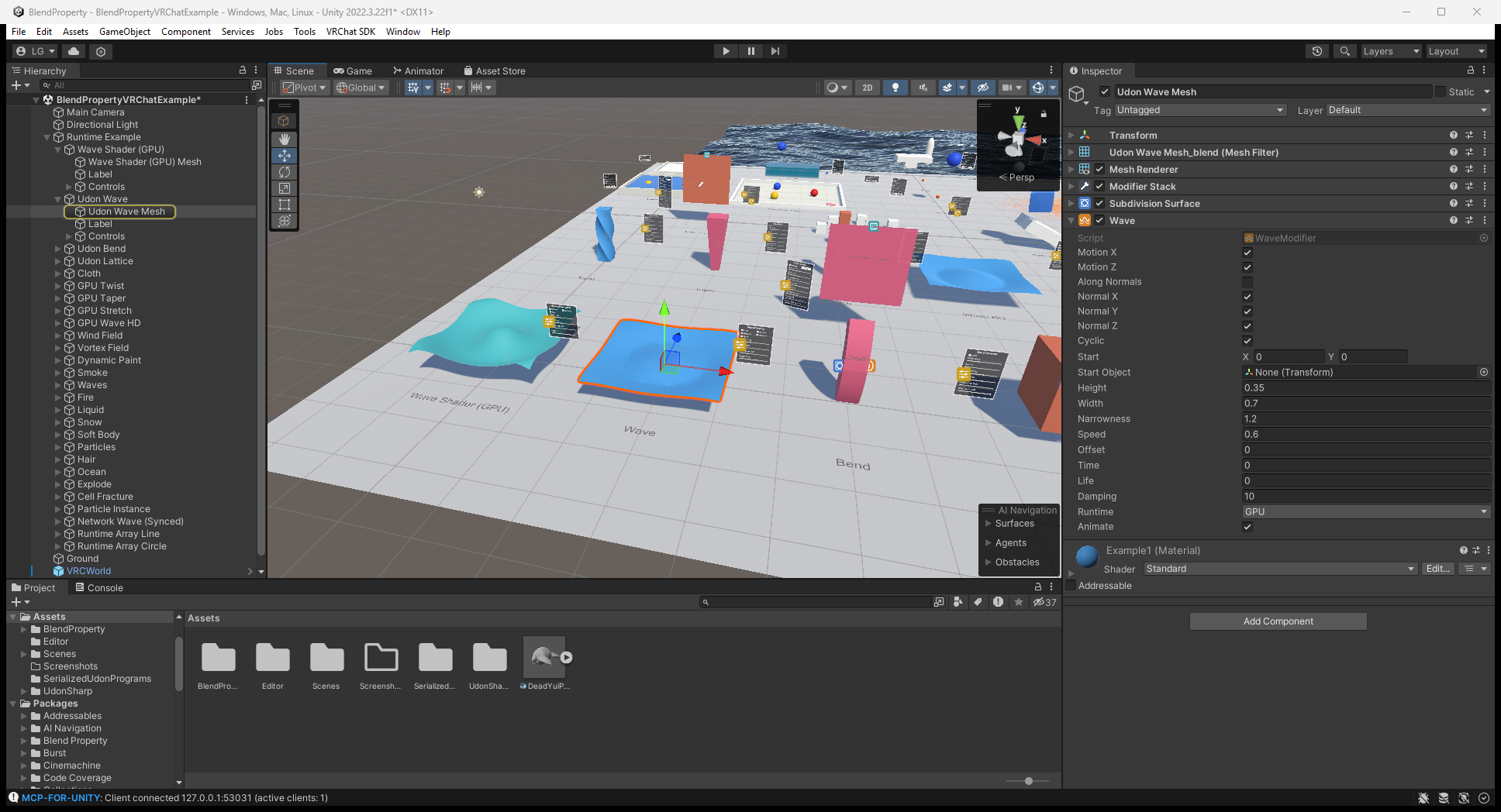 Wave modifier in the Editor with Runtime set to GPU and its height and speed settings visible