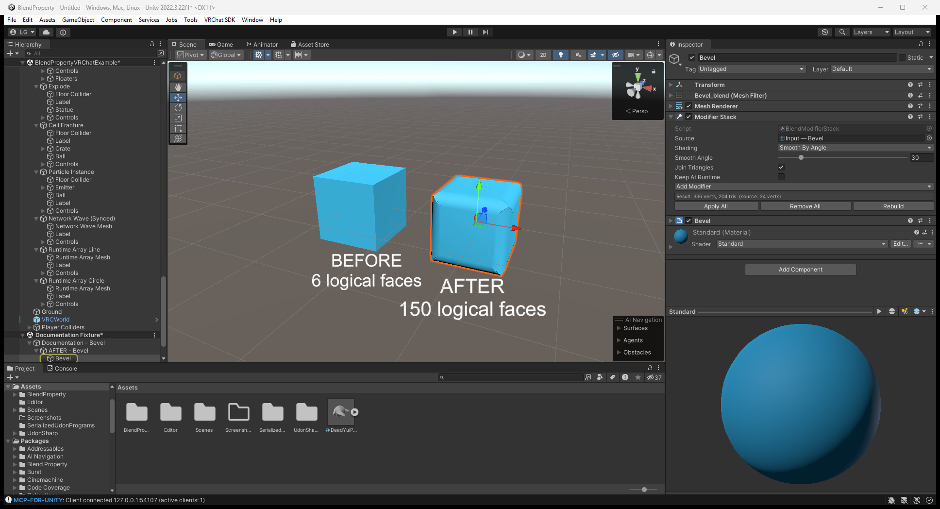 Unity Editor showing the Modifier Stack Inspector and a cube before and after Bevel