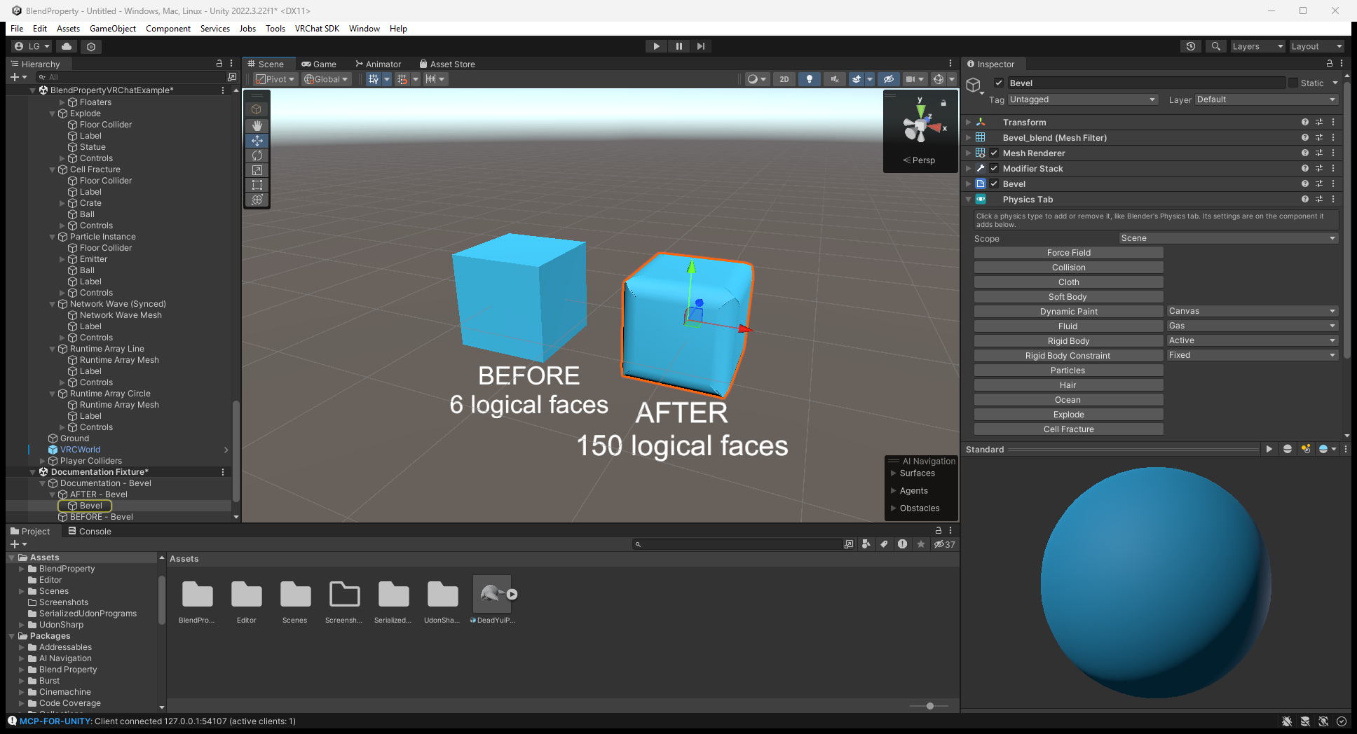 Unity Inspector の Physics Tab、Scope Scene と cloth fluid rigid body particle などの選択 button